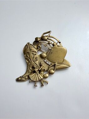 Vintage AJC Gold Tone Western Cowboy Boot Hat Square Dance Brooch Pin